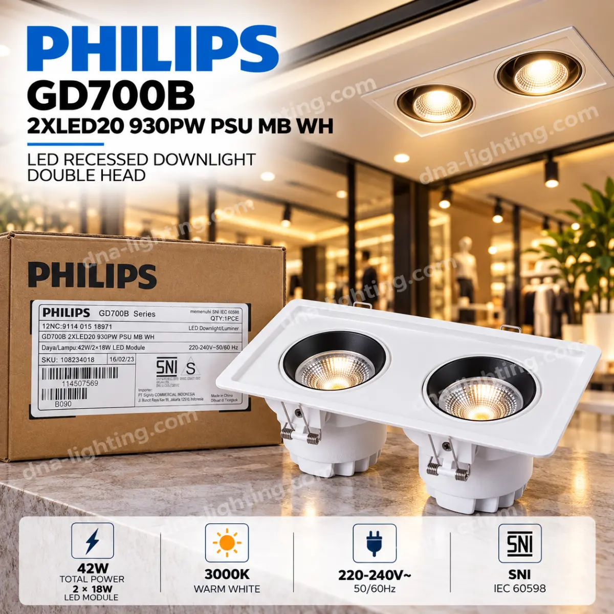 Philips GD700B LED Downlight Double 42W 3000K Warm White 2XLED20 930PW PSU MB WH