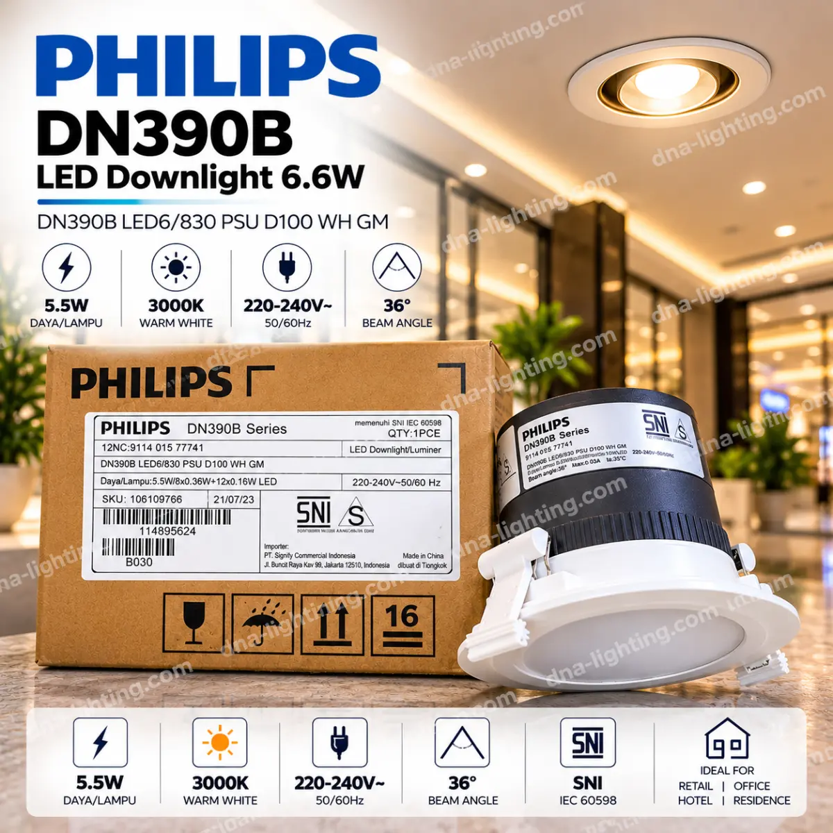 Philips Led Downlight DN390B 5.5W Led6 830 PSU D100 WH GM